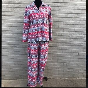 Karen Neuburger Fairisle Fleece Red White & Grey Long Sleeve Pajama Set M